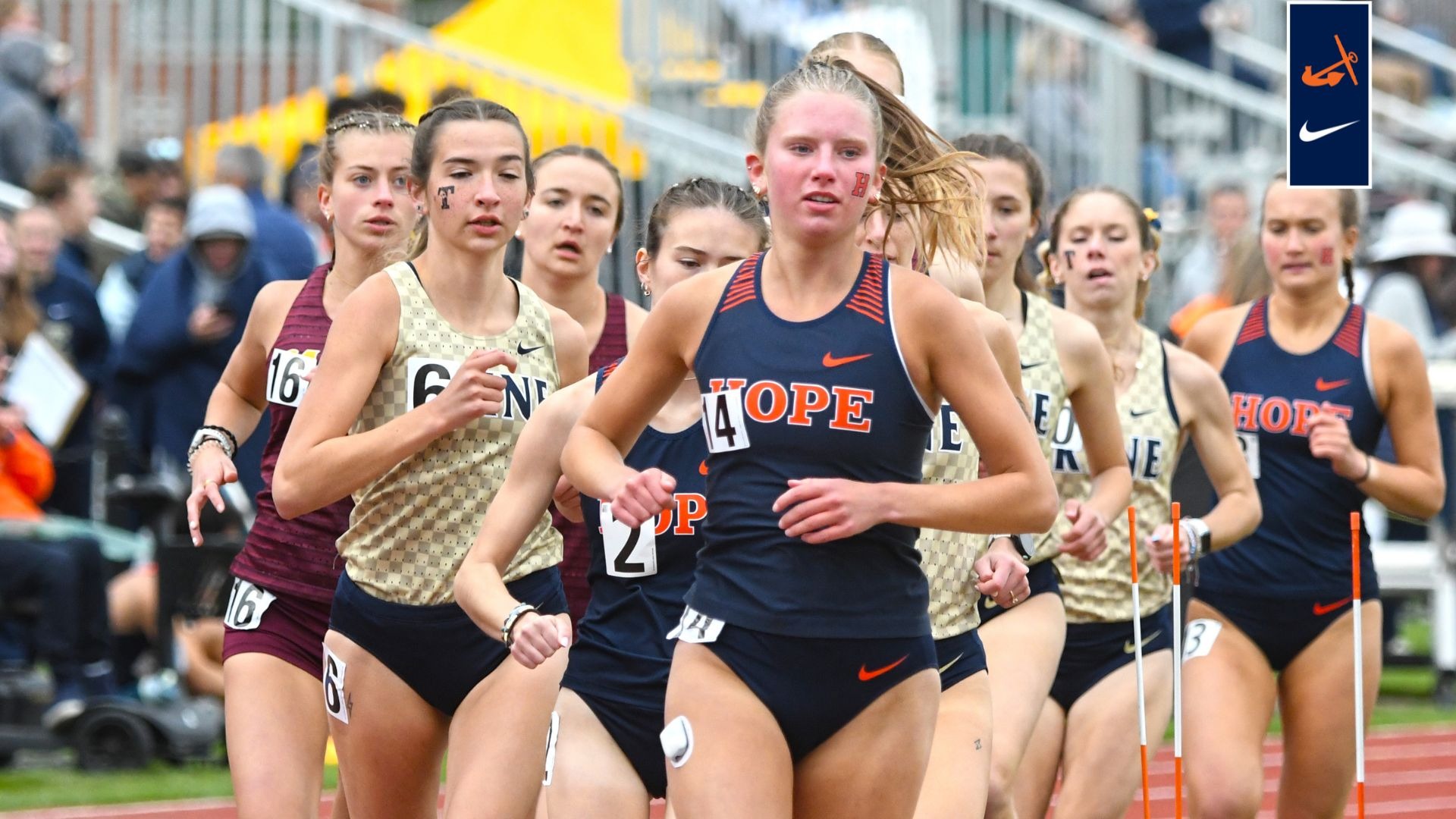 Anna Sybenga runs ahead of the pack during a 10,000-meter track race.