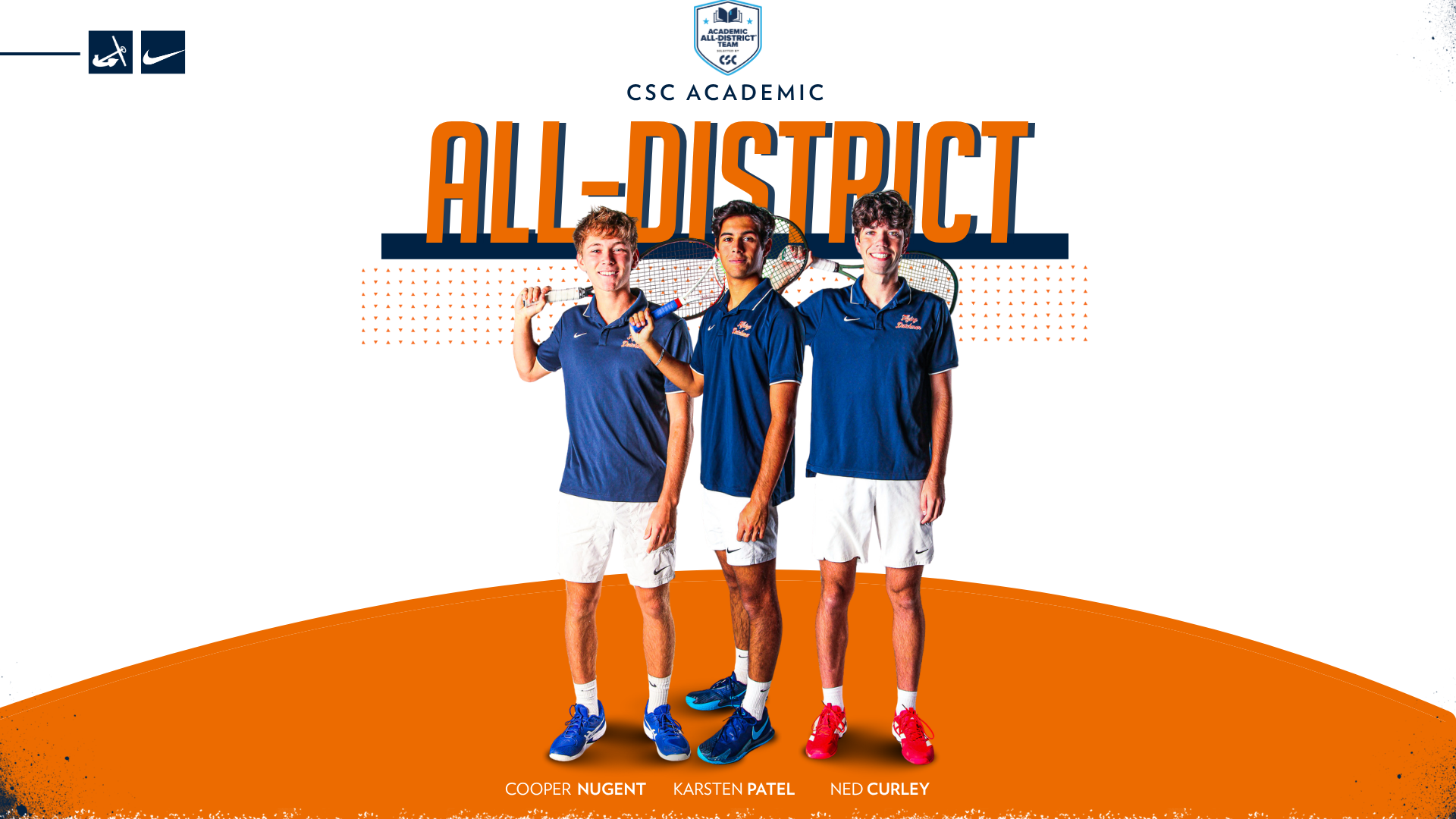 Three Hope men's tennis teammates pose for portraits.