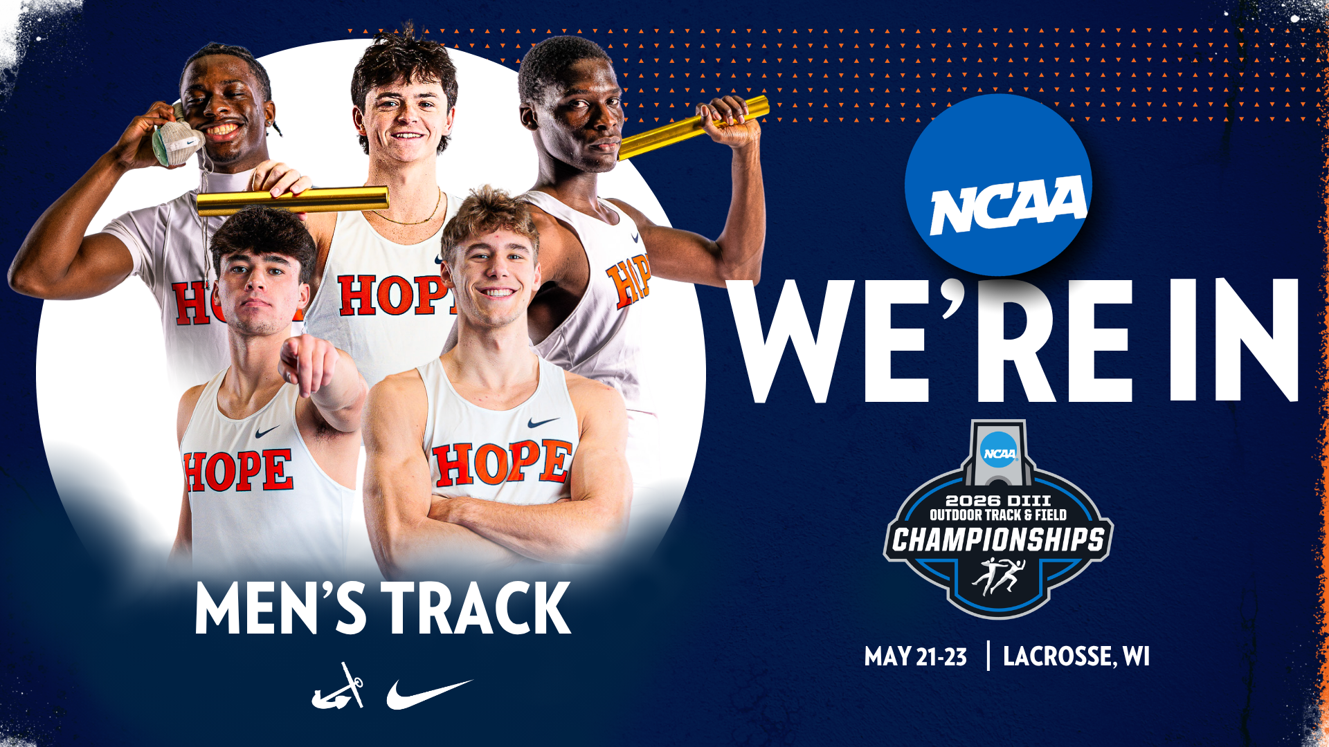 Five Hope men's track and field student-athletes pose for portraits.