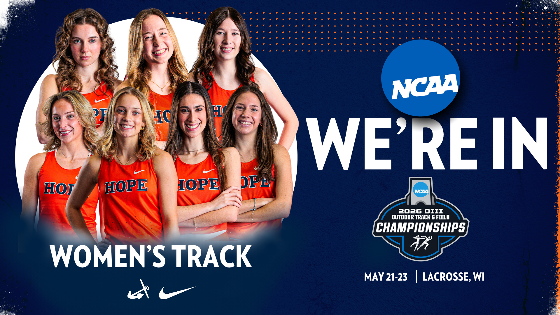 Seven Hope College women's track and field student-athletes pose for portraits.