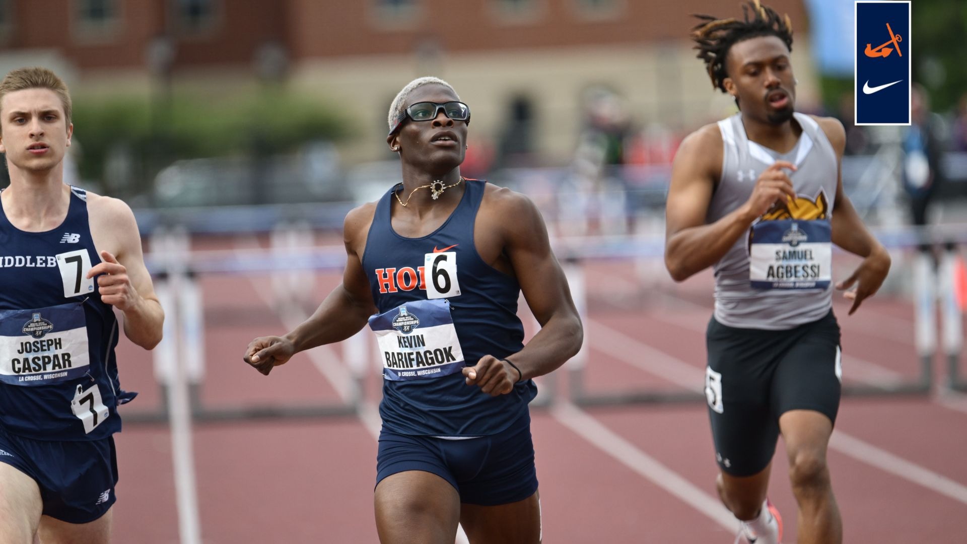 Kairo Barifagok looks at the clock after finishing his NCAA Championships 400 hurdle qualifying.