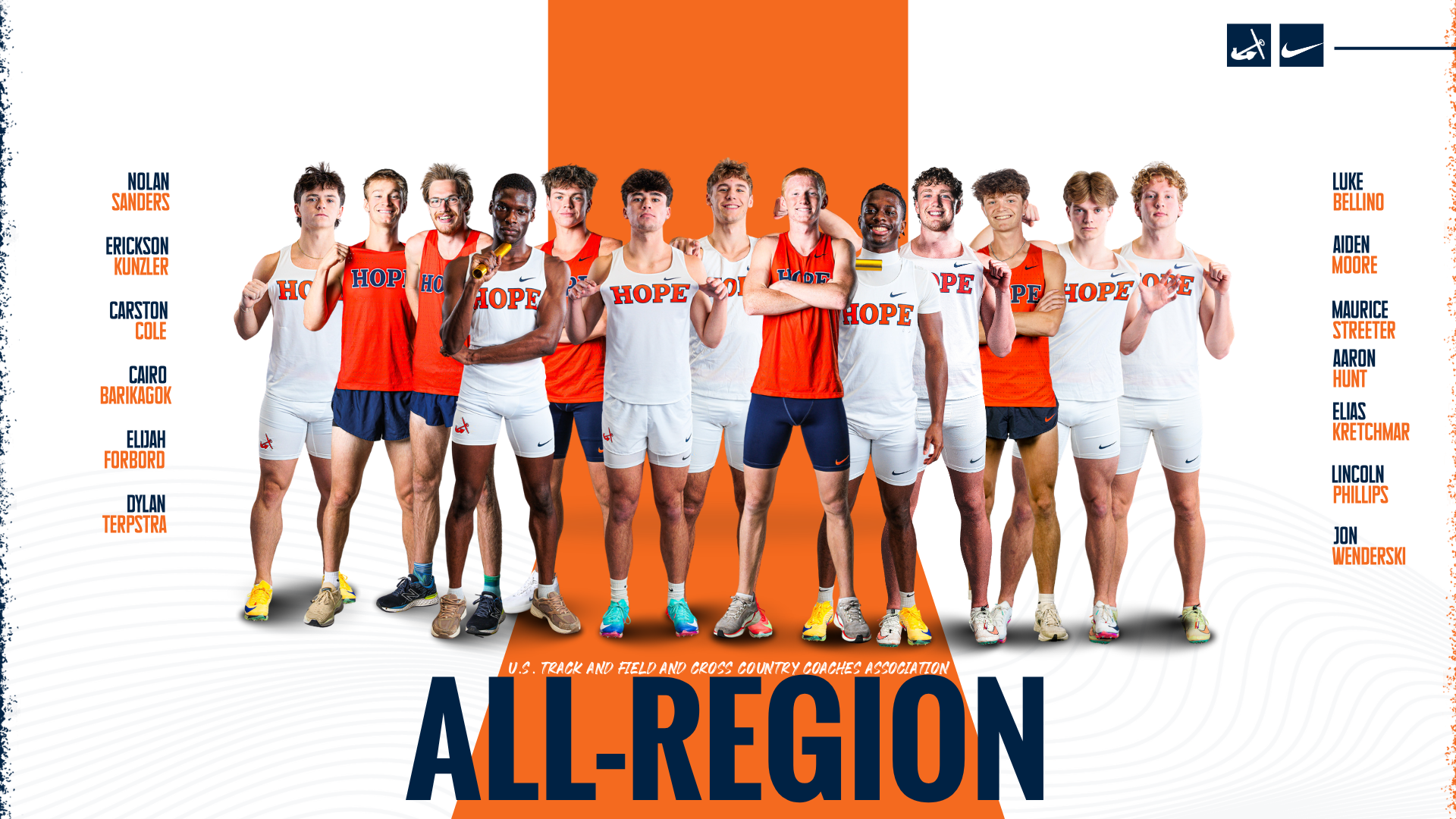 Thirteen Hope men's track and field student-athletes pose for portraits.