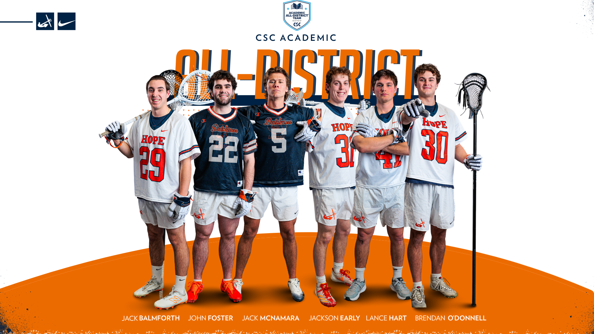 Six men's lacrosse standouts pose for portrait.