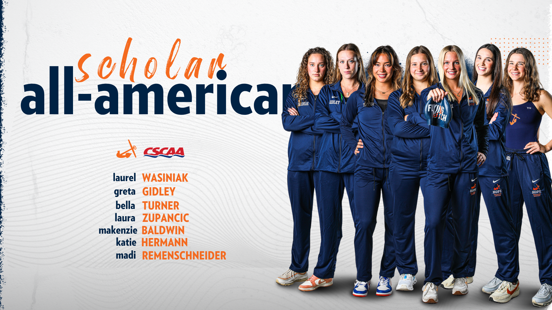Six Hope women's swimmers and one dive pose for portraits.