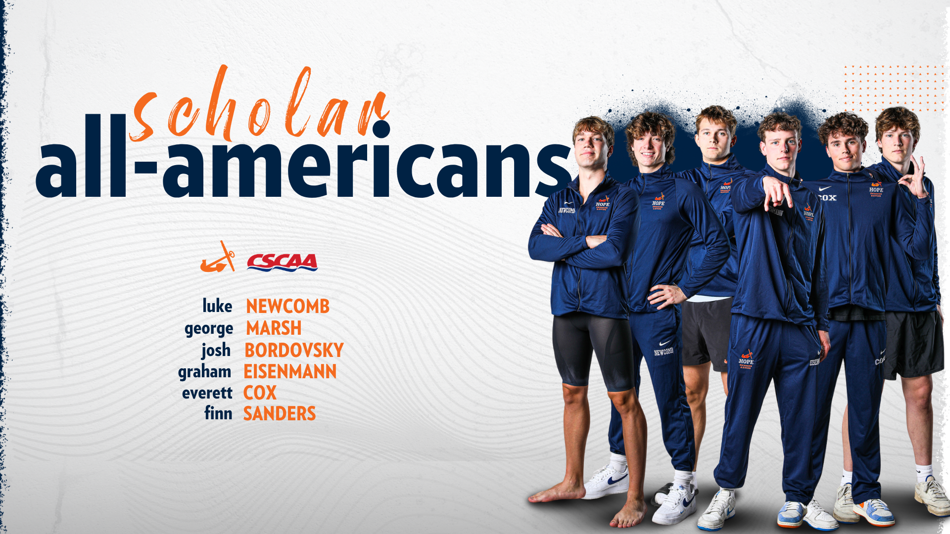 members of the men's swimming and diving team pose for a portrait