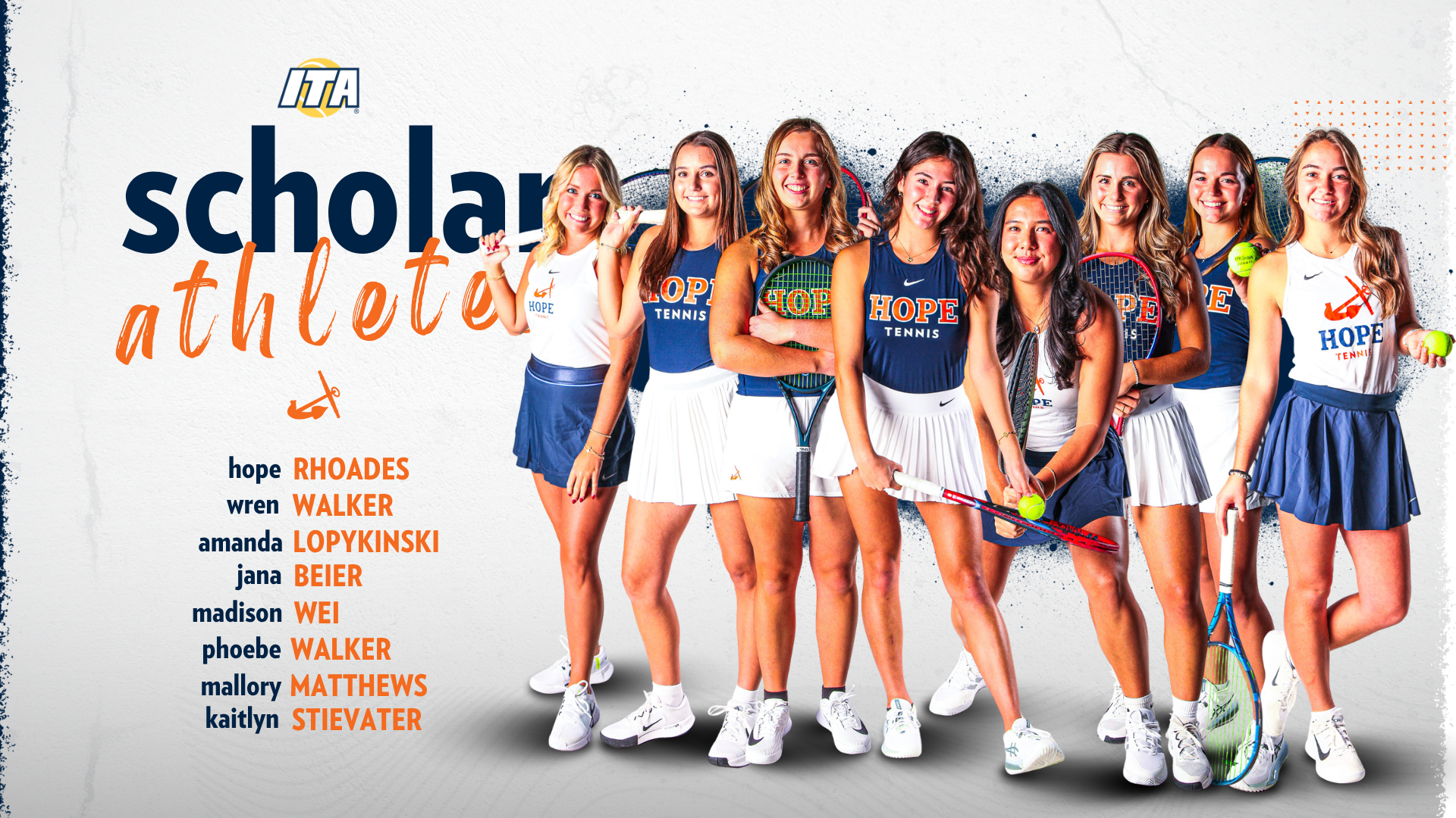 Eight Hope women's tennis student-athletes pose for portraits.