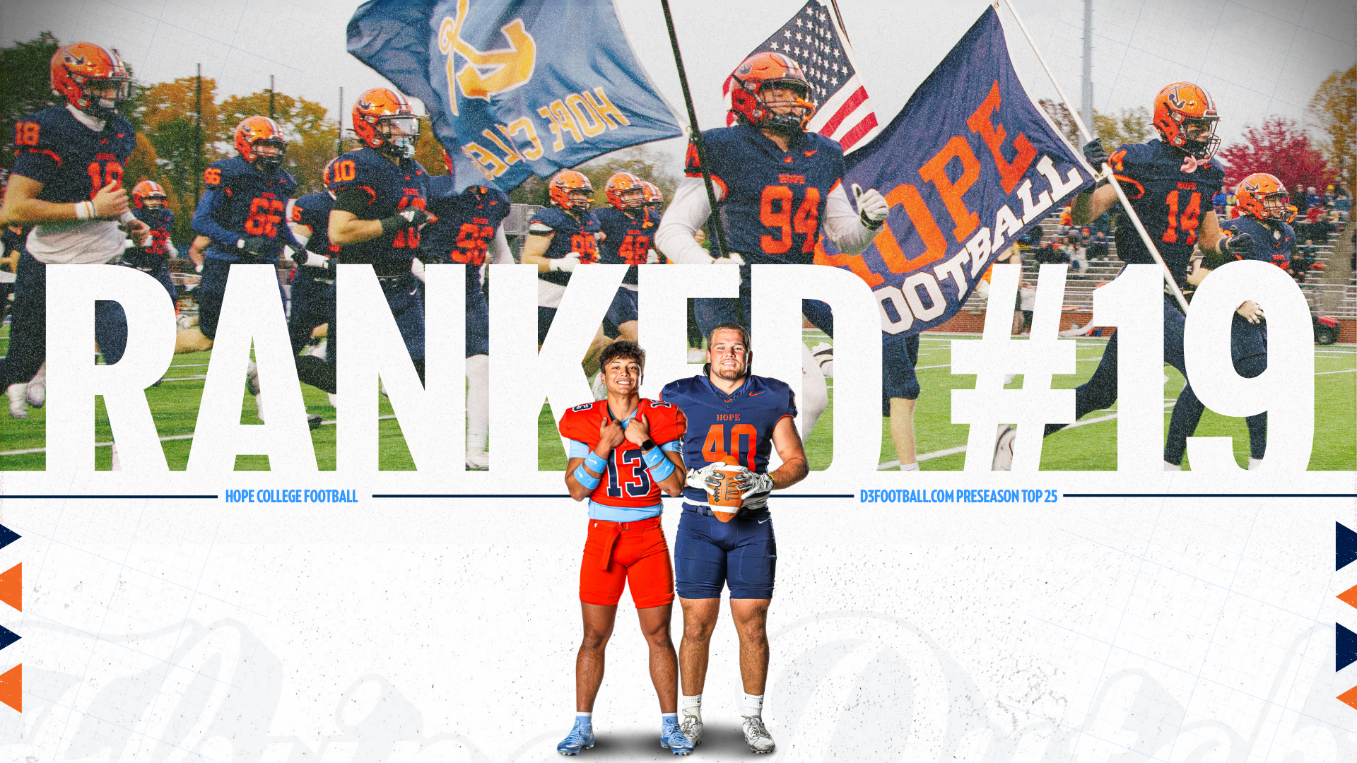 Hope football student-athletes run onto the field carrying U.S. and Hope College flags.