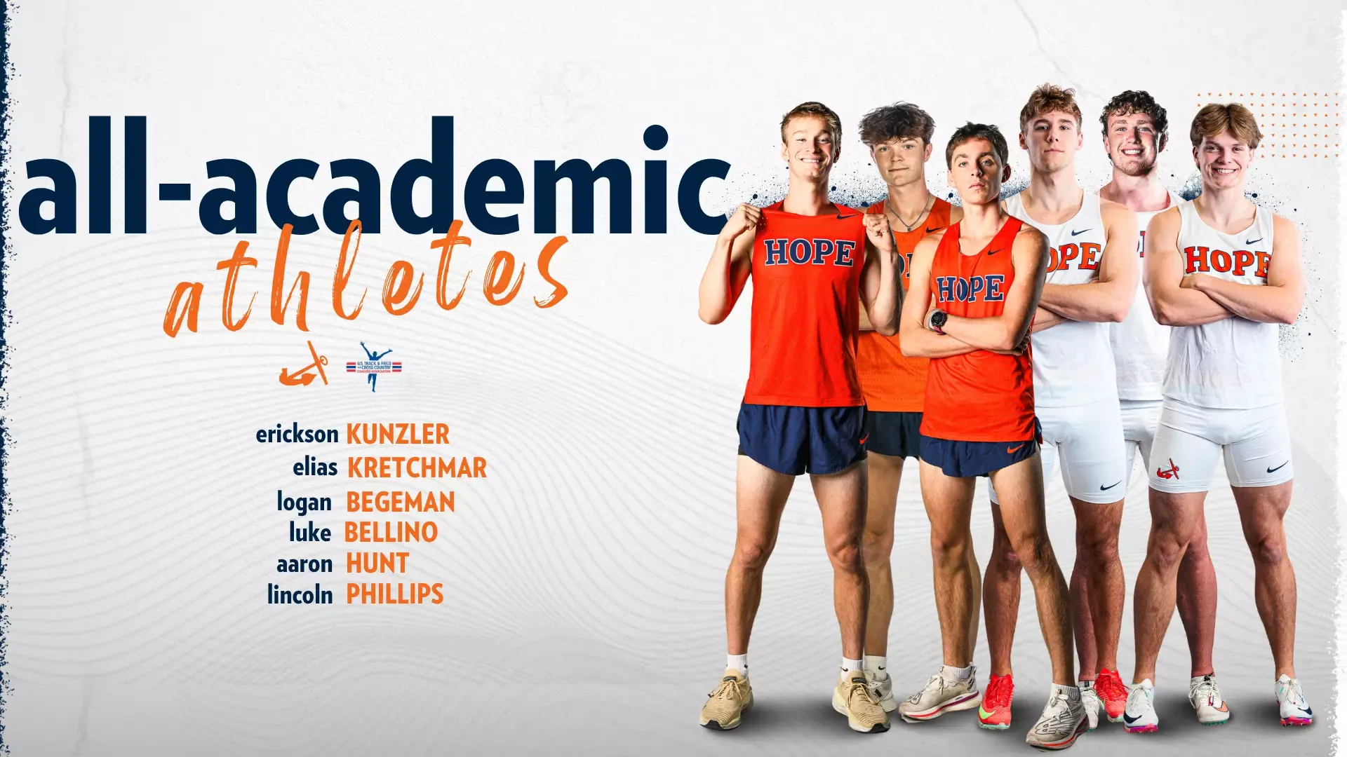 Six Hope College men's track and field student-athletes pose for portraits.