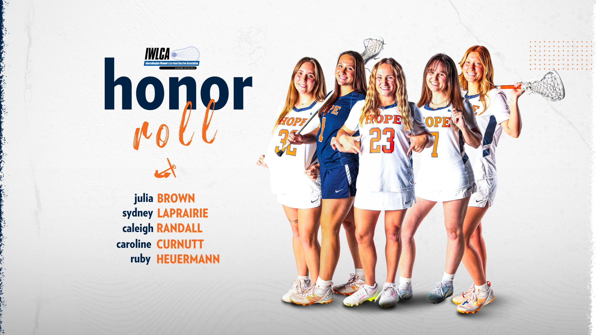 Five Hope College women's lacrosse standouts pose for portraits.
