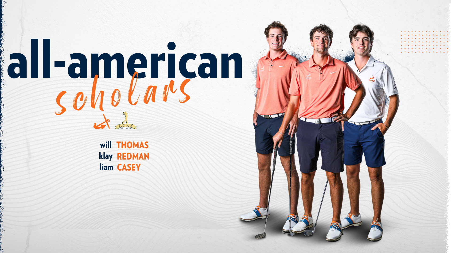 Three Hope men's golfers pose for portraits.