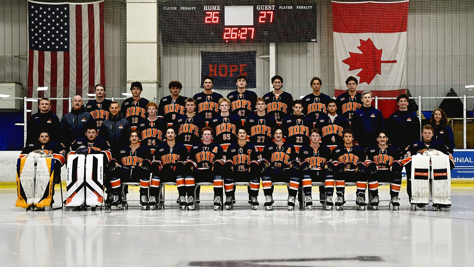 The 2026-27 Hope College men's hockey team poses for a team photo.