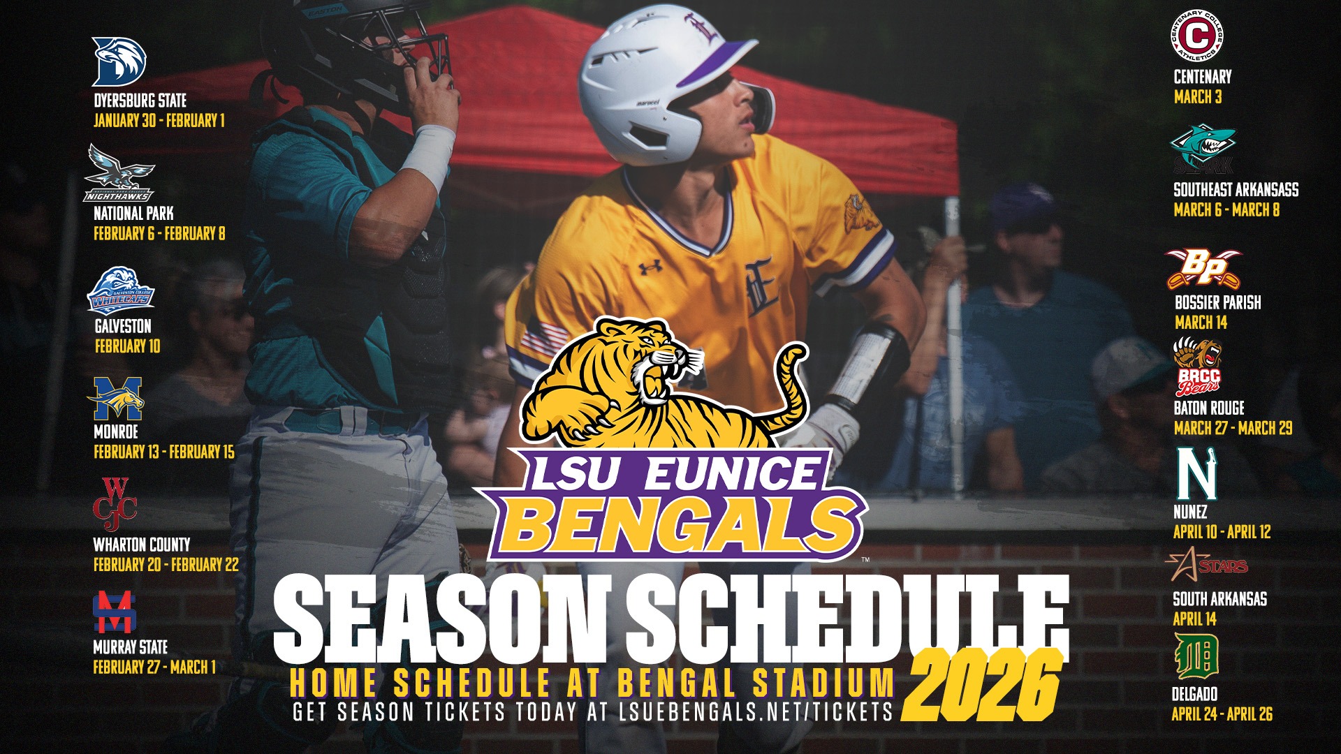 A graphic of LSU Eunice Baseball home schedule for the 2026 season.
