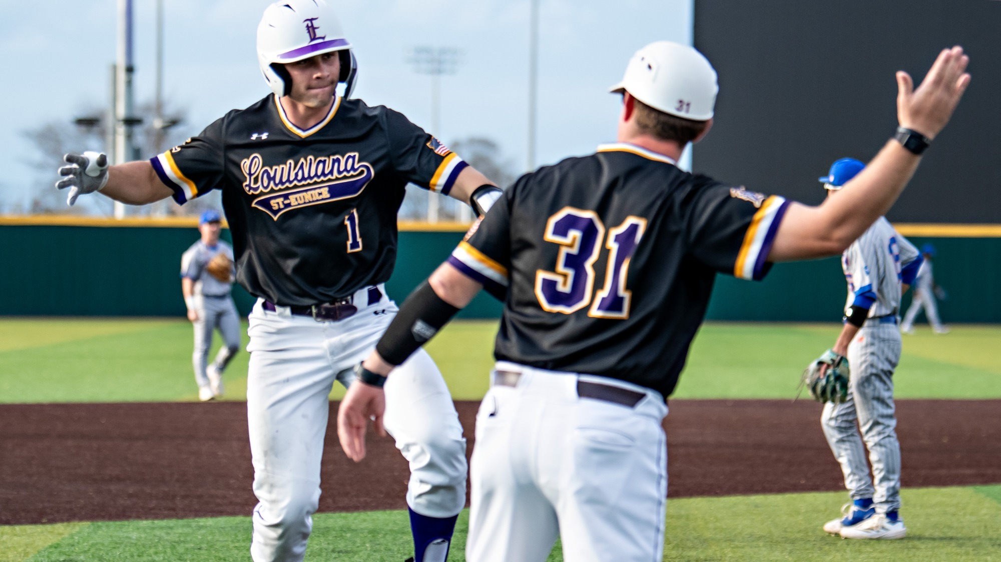Aidan Mouton celebrates a home run against Galveston College.