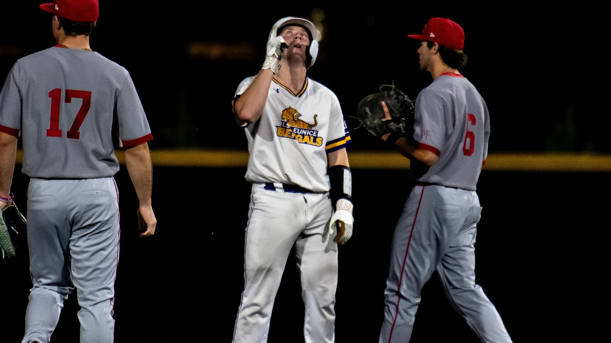 Andrew Clapinski looks towards the sky after a base hit vs. Wharton County.