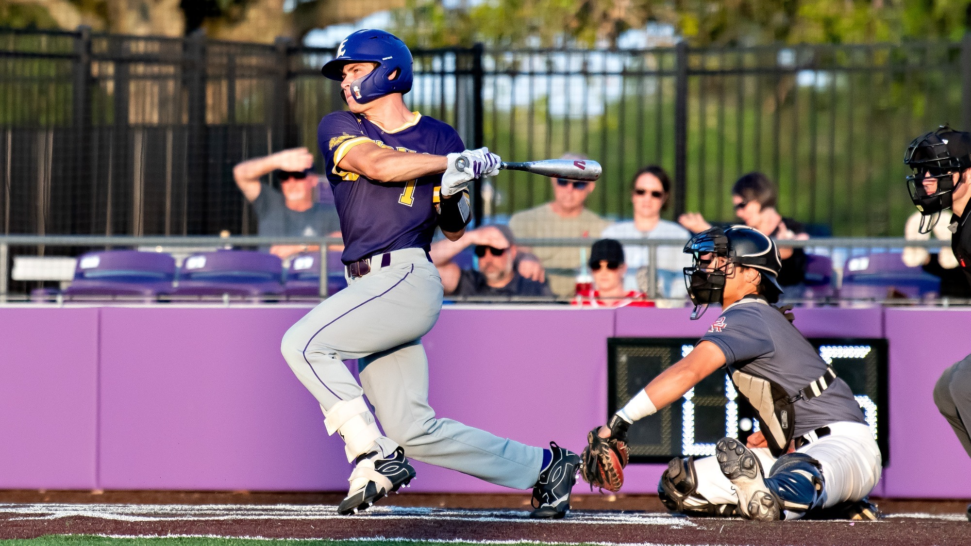 Aidan Mouton connects for a base hit during action at Bengal Stadium.