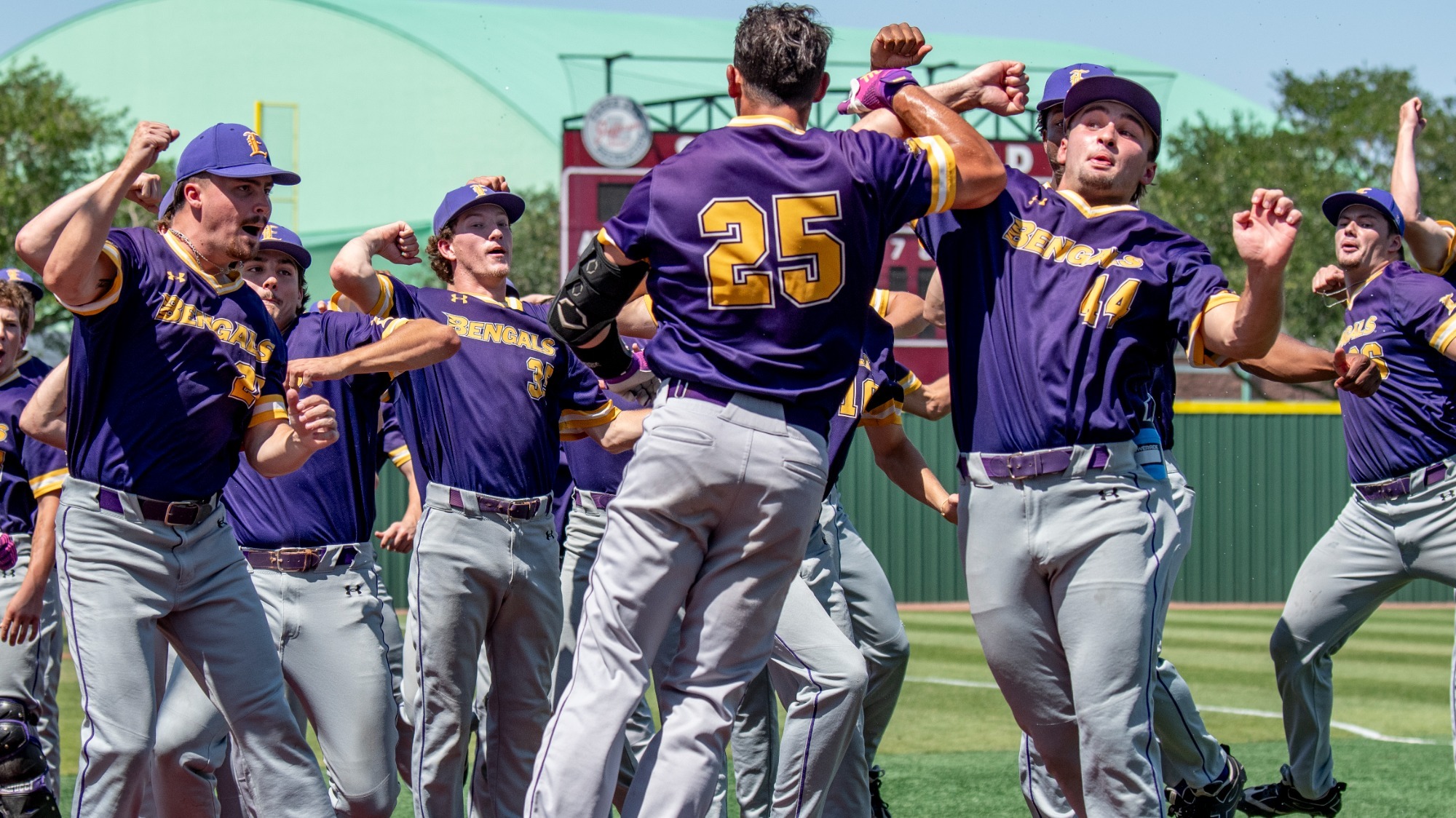 Mason Bordelon celebrates with teammates after hitting a home run vs. Delgado.