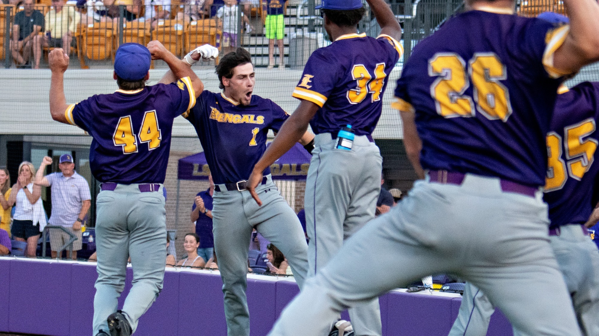 Aidan Mouton celebrates a home run in win vs. Shelton State.