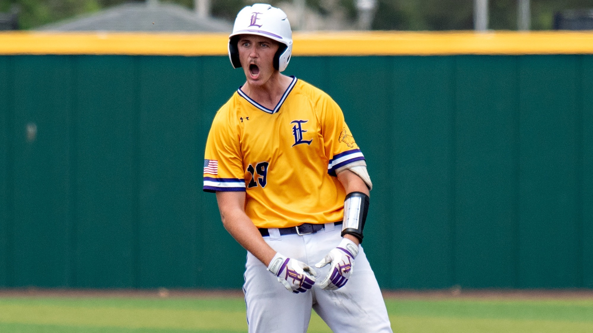 Marshall Louque celebrates after hitting a double in recent action at Bengal Stadium.