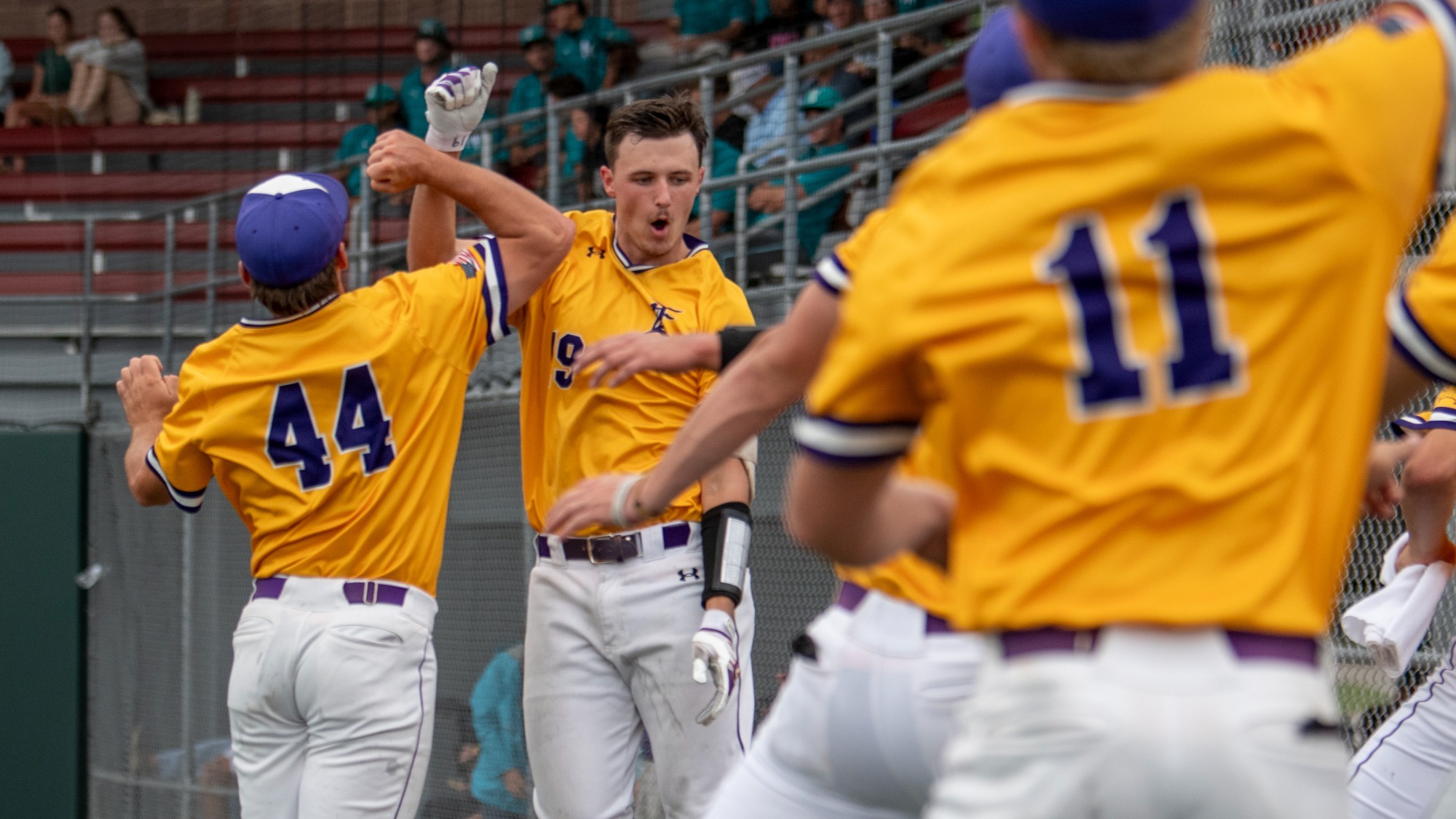 Marshall Louque celebrates a home run with his teammates in the LCCAC Tournament.