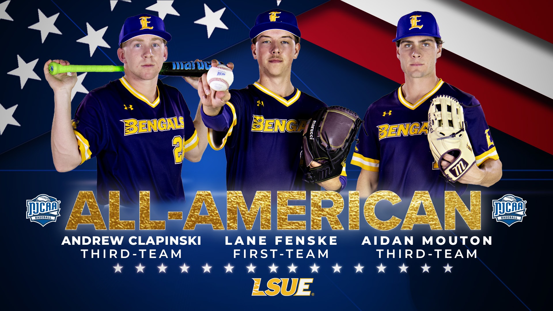 LSU Eunice Baseball NJCAA All-Americans are Lane Fenske first team, Aidan Mouton third team, Andrew Clapinski third team