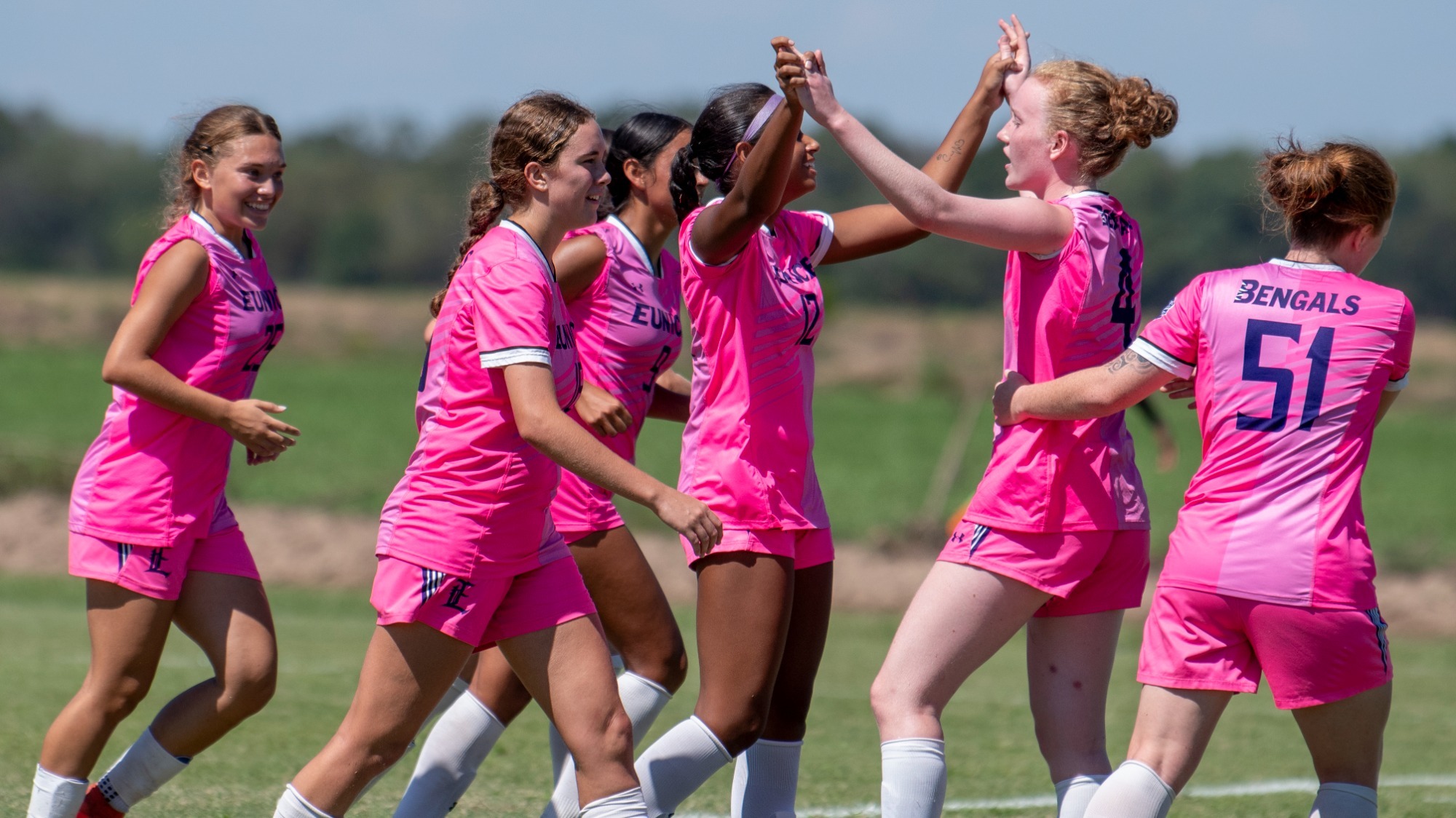 LSUE Women's Soccer celebrates after a goal during the 2025 season.