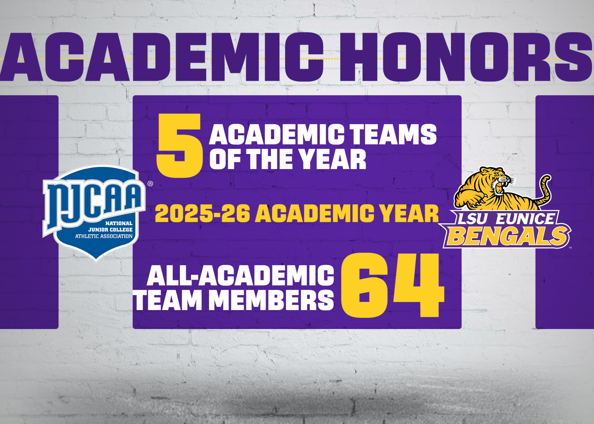 Academic Honors for LSUE after 2025-26 Academic Year. Five Academic Teams of the Year, 64 All-Academic Team Members