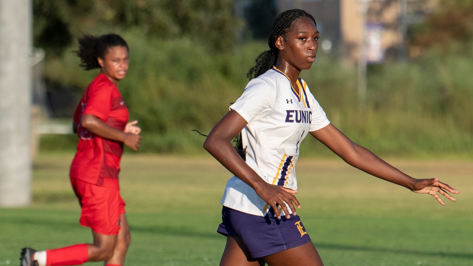 Addison Webster runs in the offensive half of the field during a game for LSUE Women's Soccer.