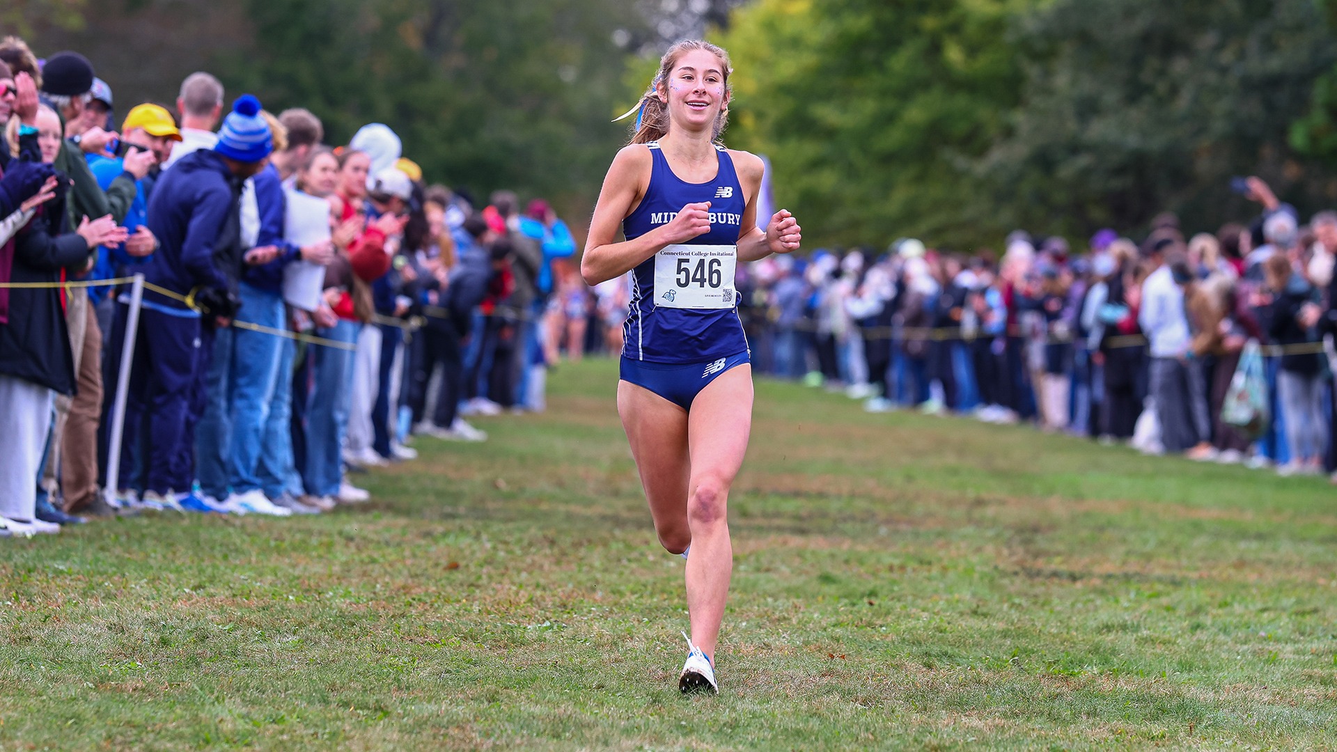 Audrey MacLean nears the finish line of the 2026 Connecticut College Invitational.