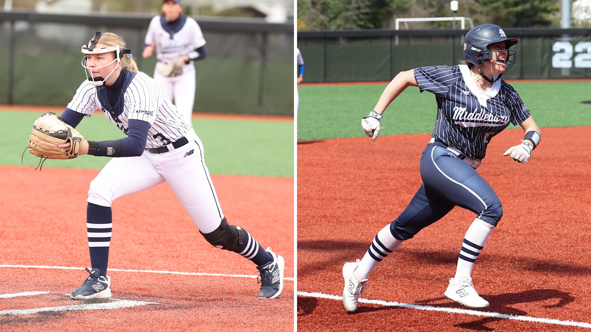 Emily Dowd and Jen Westphal in Middlebury softball uniforms.