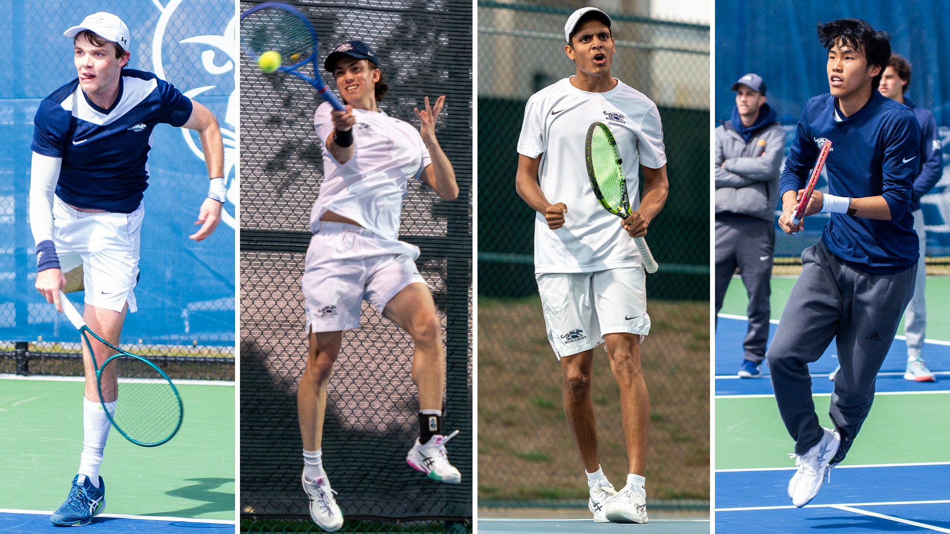 A graphic of Middlebury men's tennis players Hugh Hentschel, Noah Lewis, Thehan Wijemmane and Julian Wu.