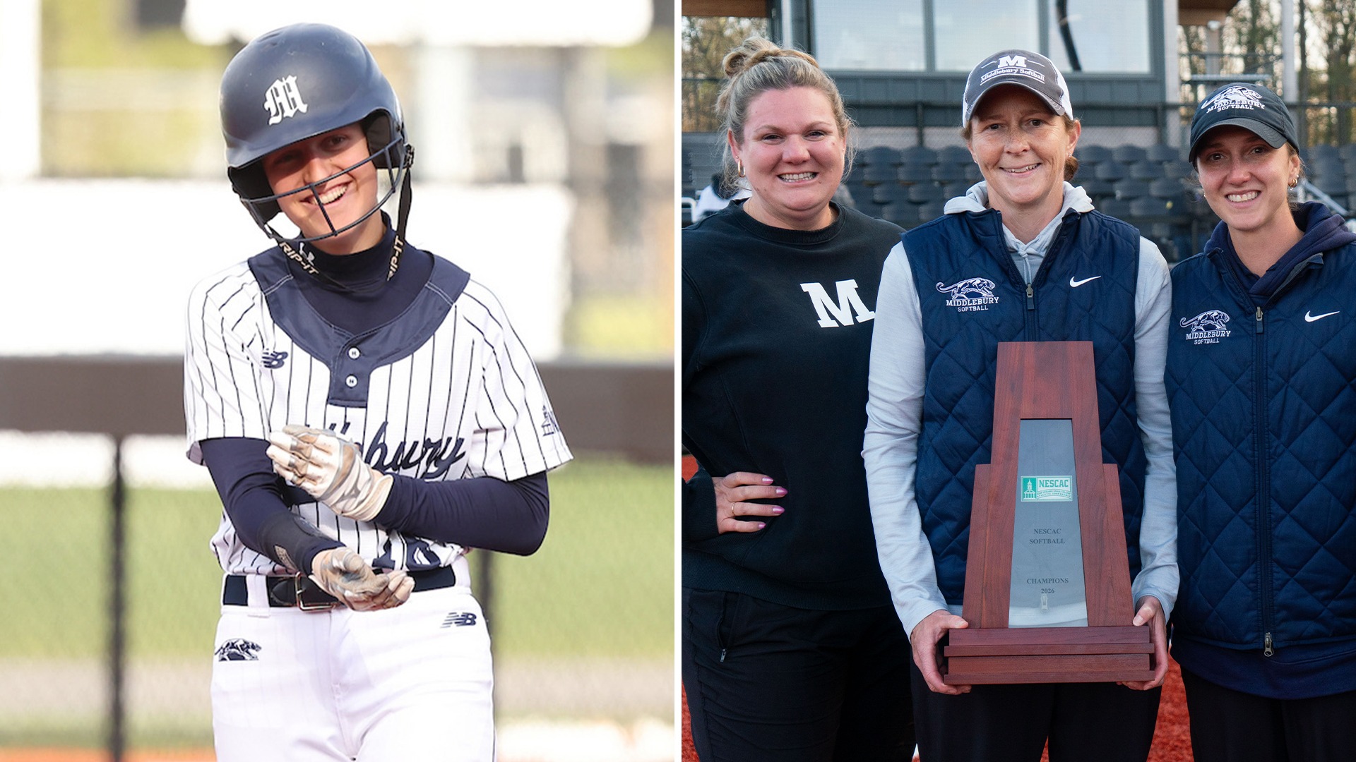 A graphic of Middlebury softball player Kristyn Carroll and the 2026 coaching staff.