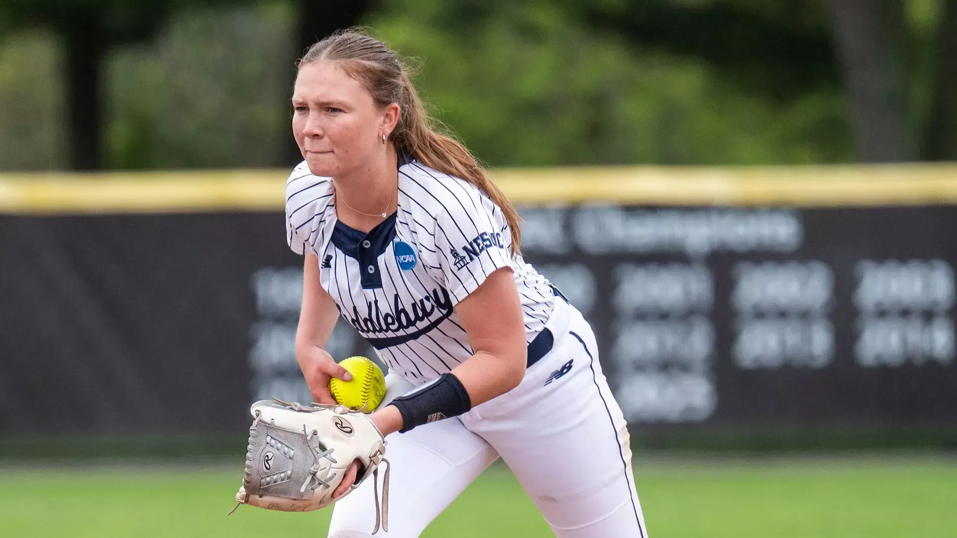 McKenna Lont readies to deliver a pitch during Middlebury's 5-2 victory over Alfred in the NCAA Regionals.