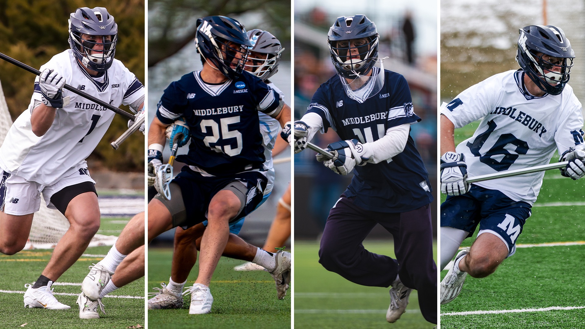 A web graphic of Middlebury men's lacrosse players Drew Dummer, Noah Filipelli, Hayden Kern and Ryan McGloin