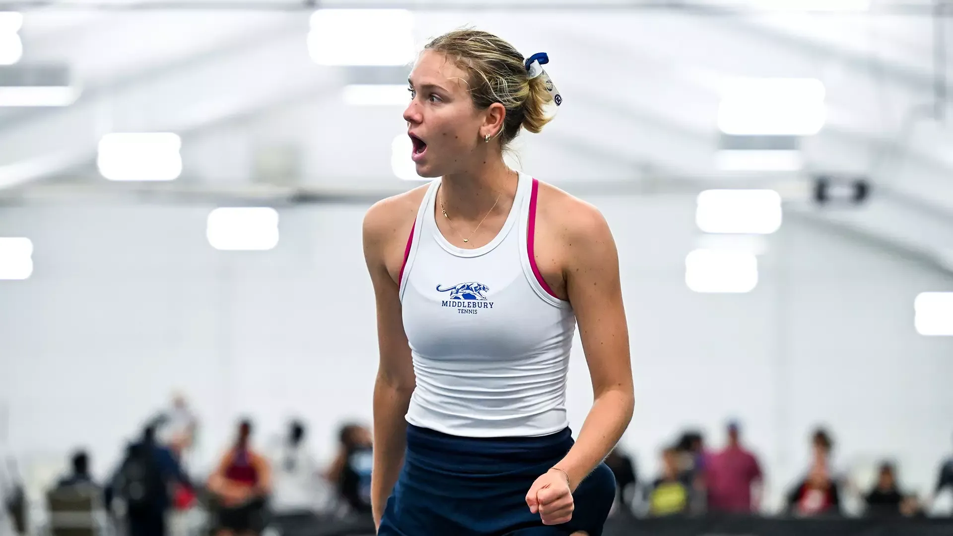 Elsie Van Wieren pump her fist after winning a point during the 2026 NCAA Individual Championships in Chattanooga, Tennessee.