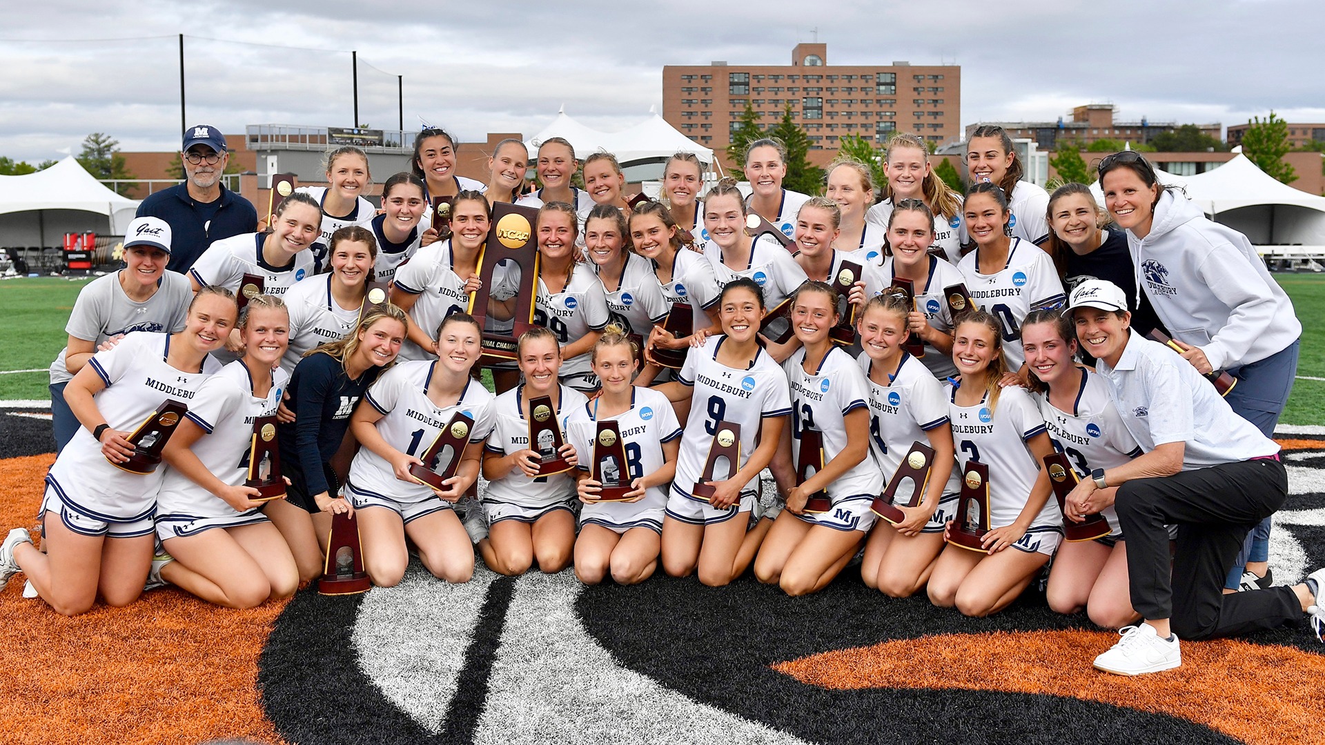 The Middlebury women's lacrosse team celebrates after winning the 2026 NCAA Women's Lacrosse Championship on Sunday, May 24 in Rochester, N.Y.