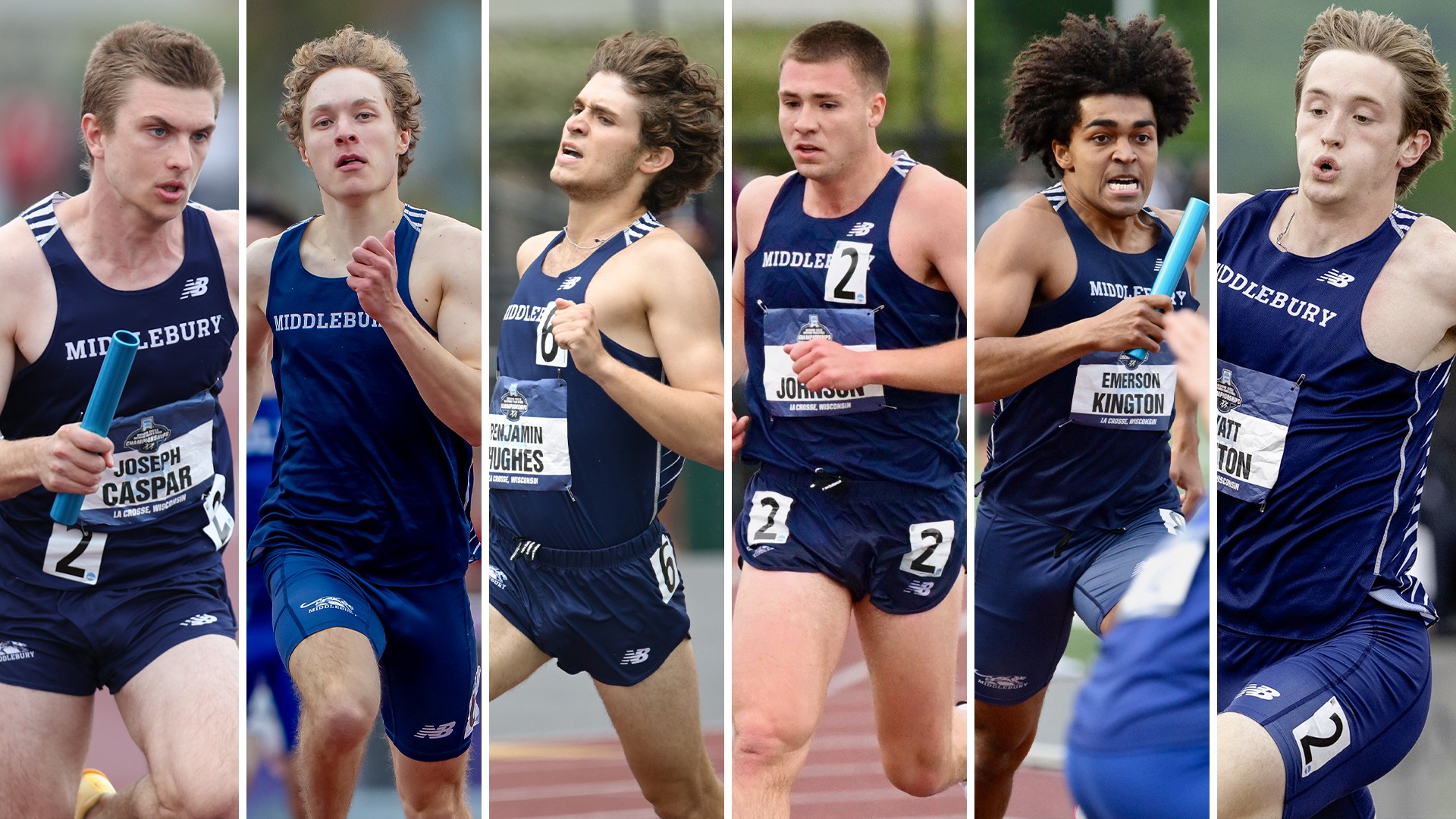 A web graphic of the Middlebury men's track and field All-American honorees from the 2026 NCAA Outdoor Championships.