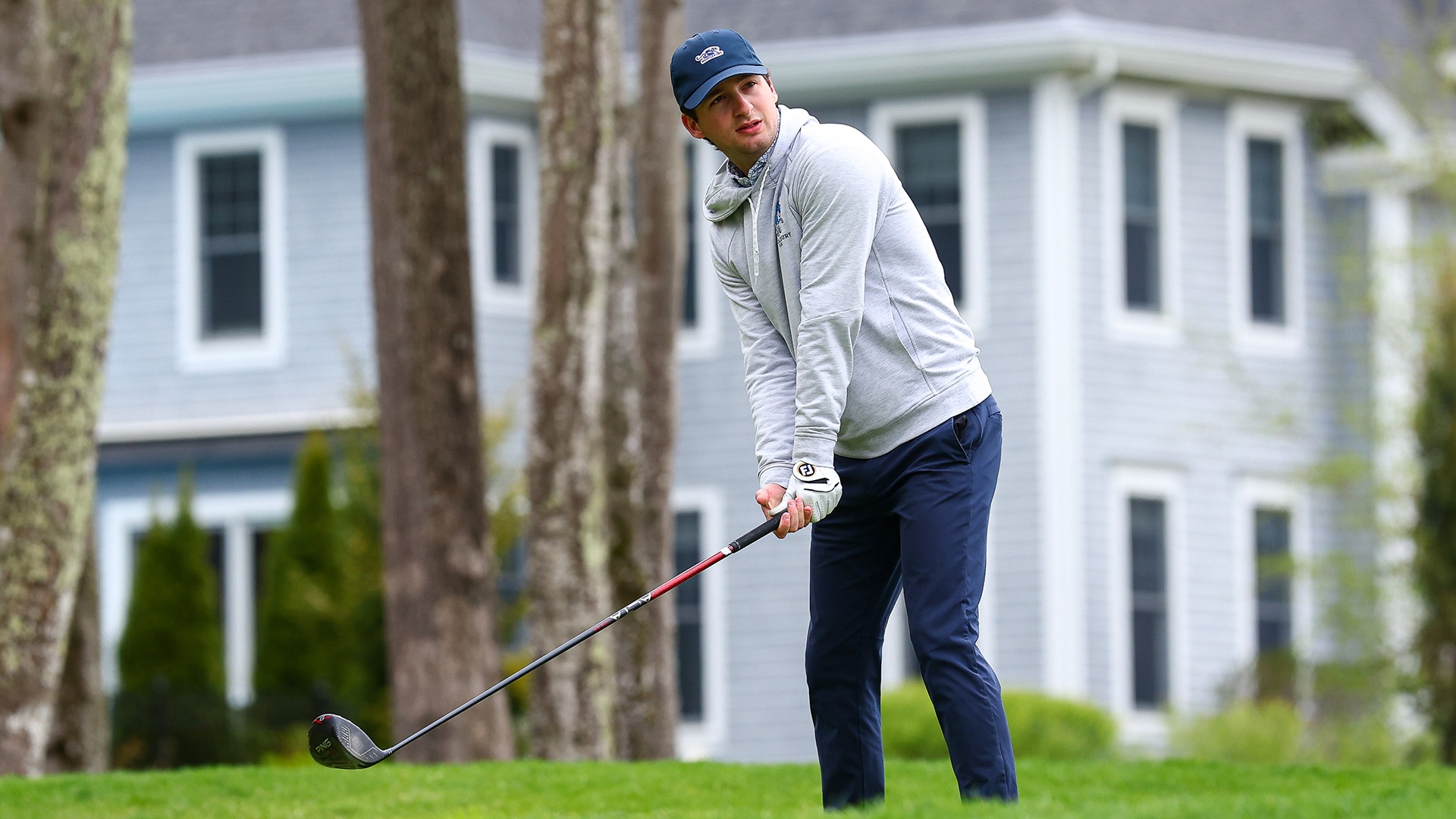 Charlie Schulman tees off during the final round of the 2026 NESCAC Championship in Massachusetts.