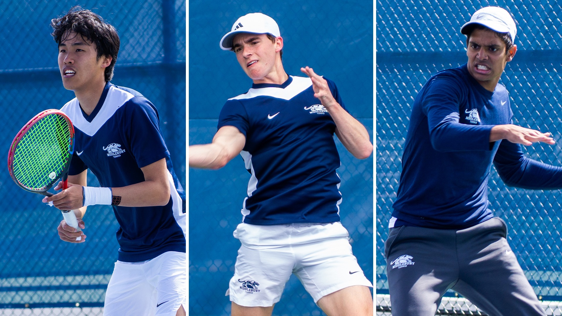 A photo of Middlebury men's tennis players Reif Larsen, Thehan Wijemanne and Julian Wu.