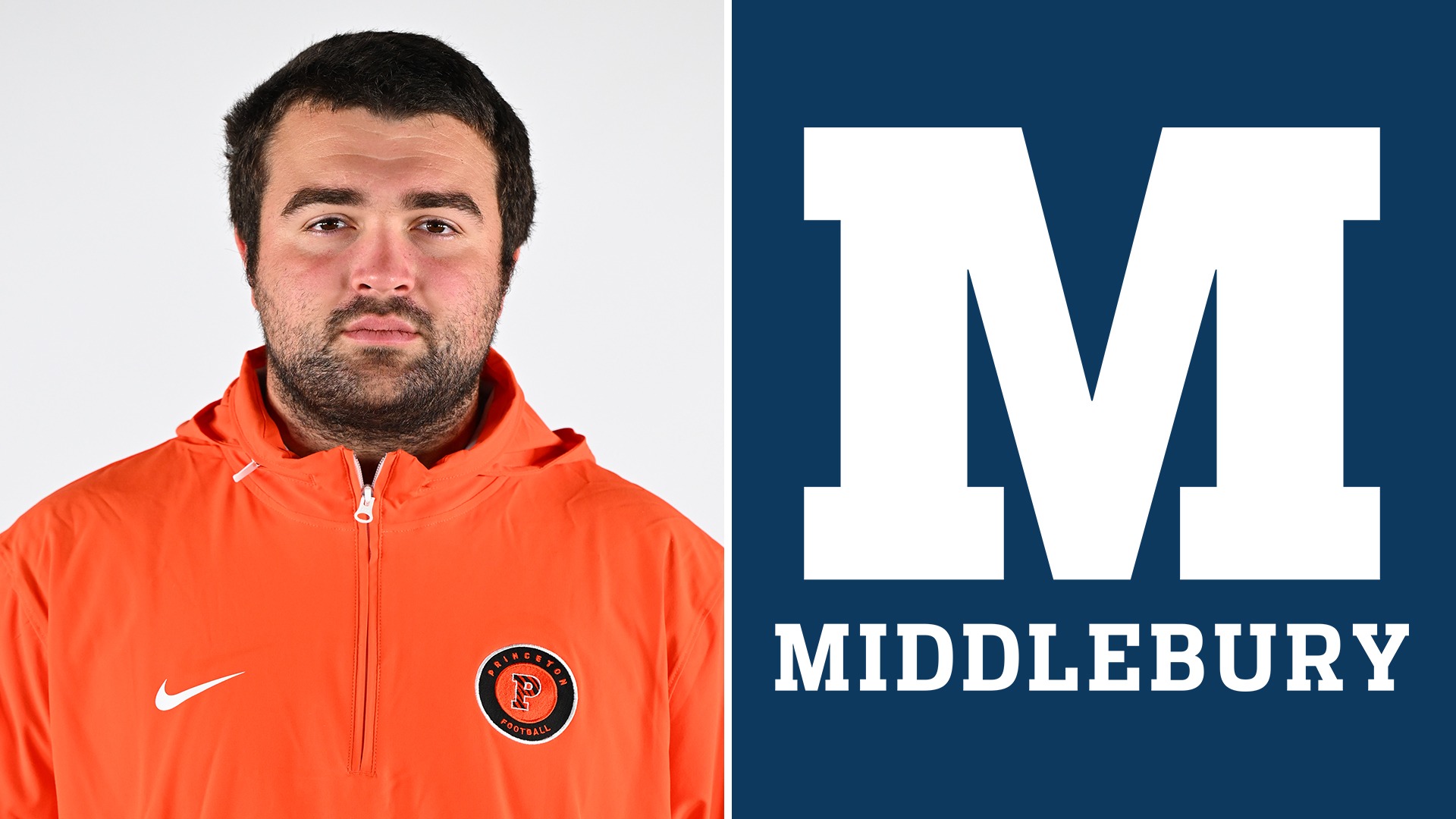 A graphic announcing the hire of new Middlebury assistant football coach Patrick Peluso