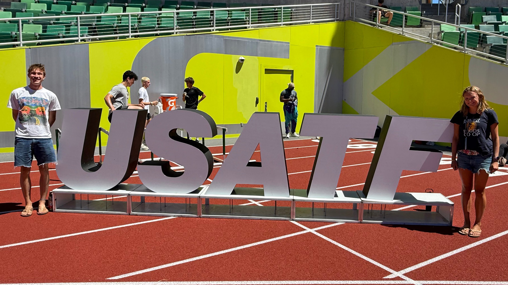 A photo of Middlebury track athletes Ian Larkin and Claire Palmer at the 2026 USA Track and Field Under-20 Championships in Eugene, Oregon.