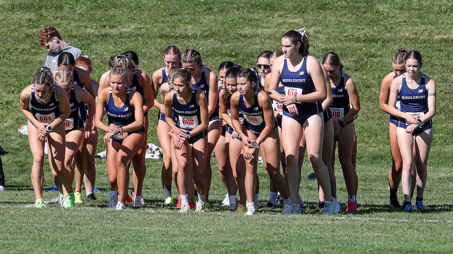 The Middlebury women's cross country gathers at the start line of the 2026 Aldrich Invitational