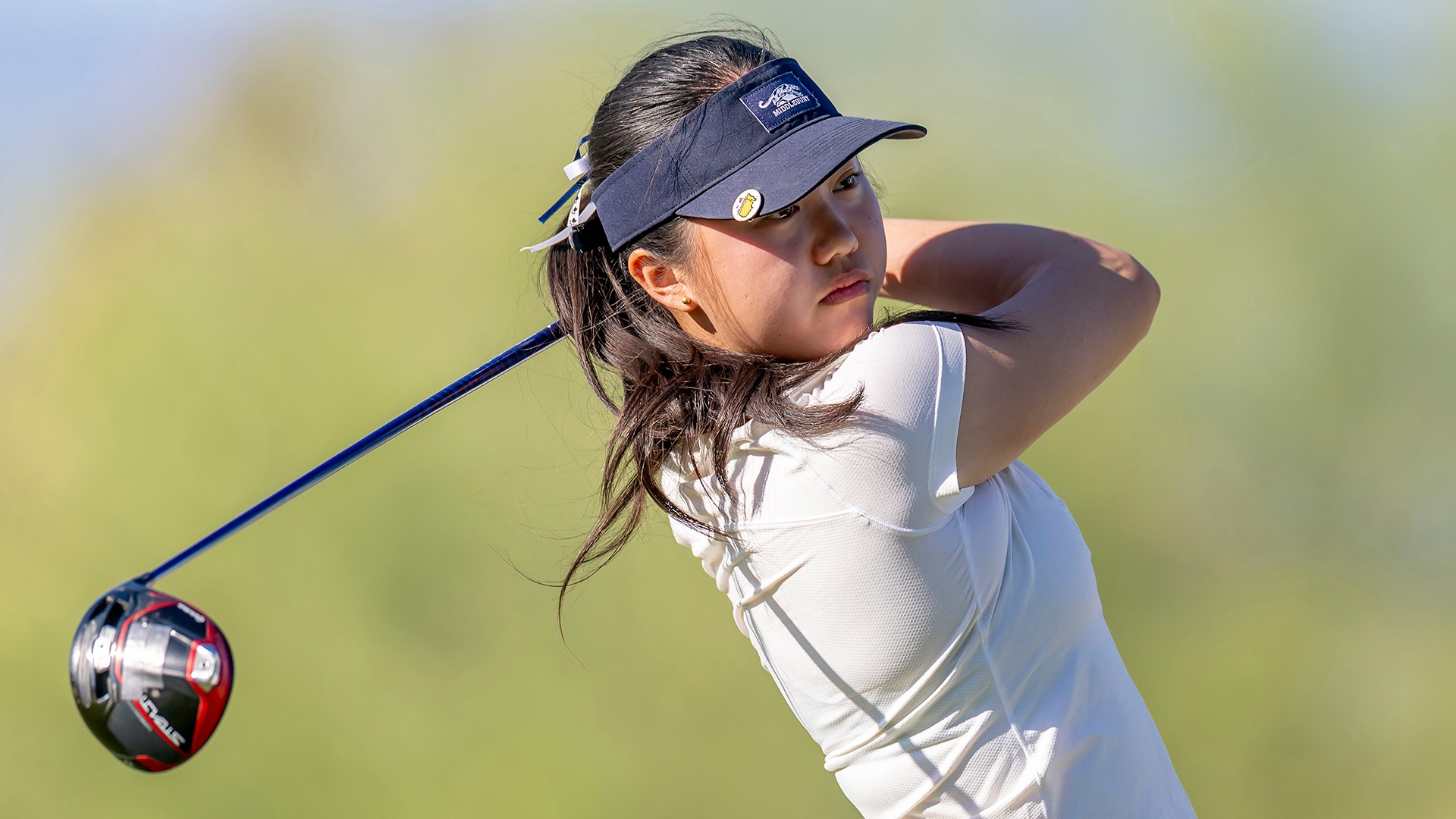 Season Wei finishes a drive during the 2026 NCAA Division III Women's Golf Championship.