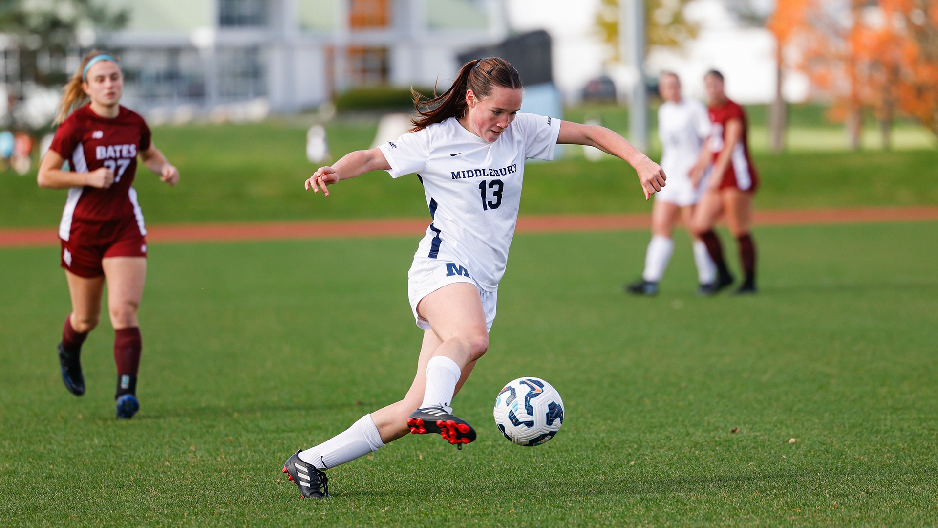 Fiona Linnau collects possession during Middlebury's home contest against Bates.