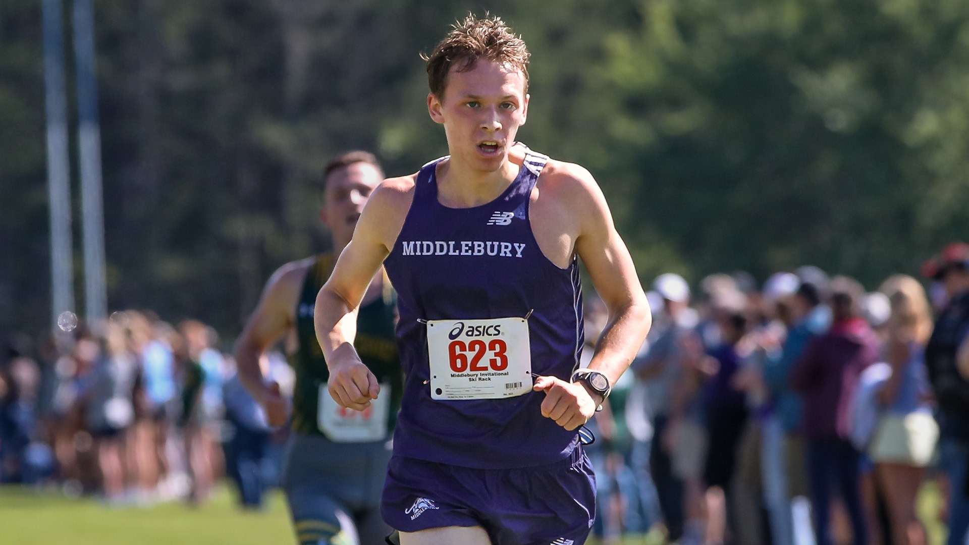 Nate Johnson crossing the finish line during the 2026 Aldrich Invitational.