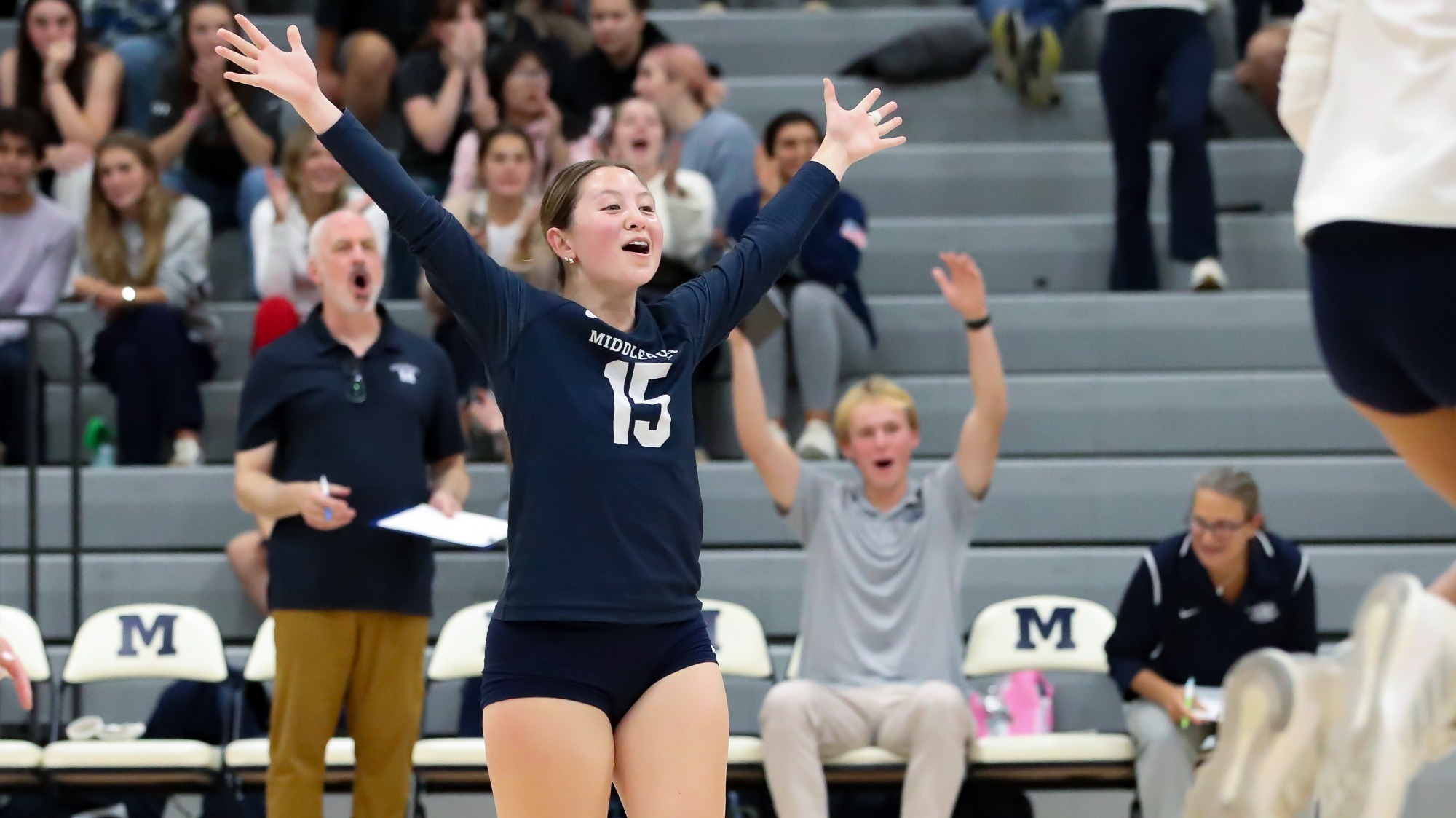Annabella Rando celebrates after the Panthers take a point against Skidmore.
