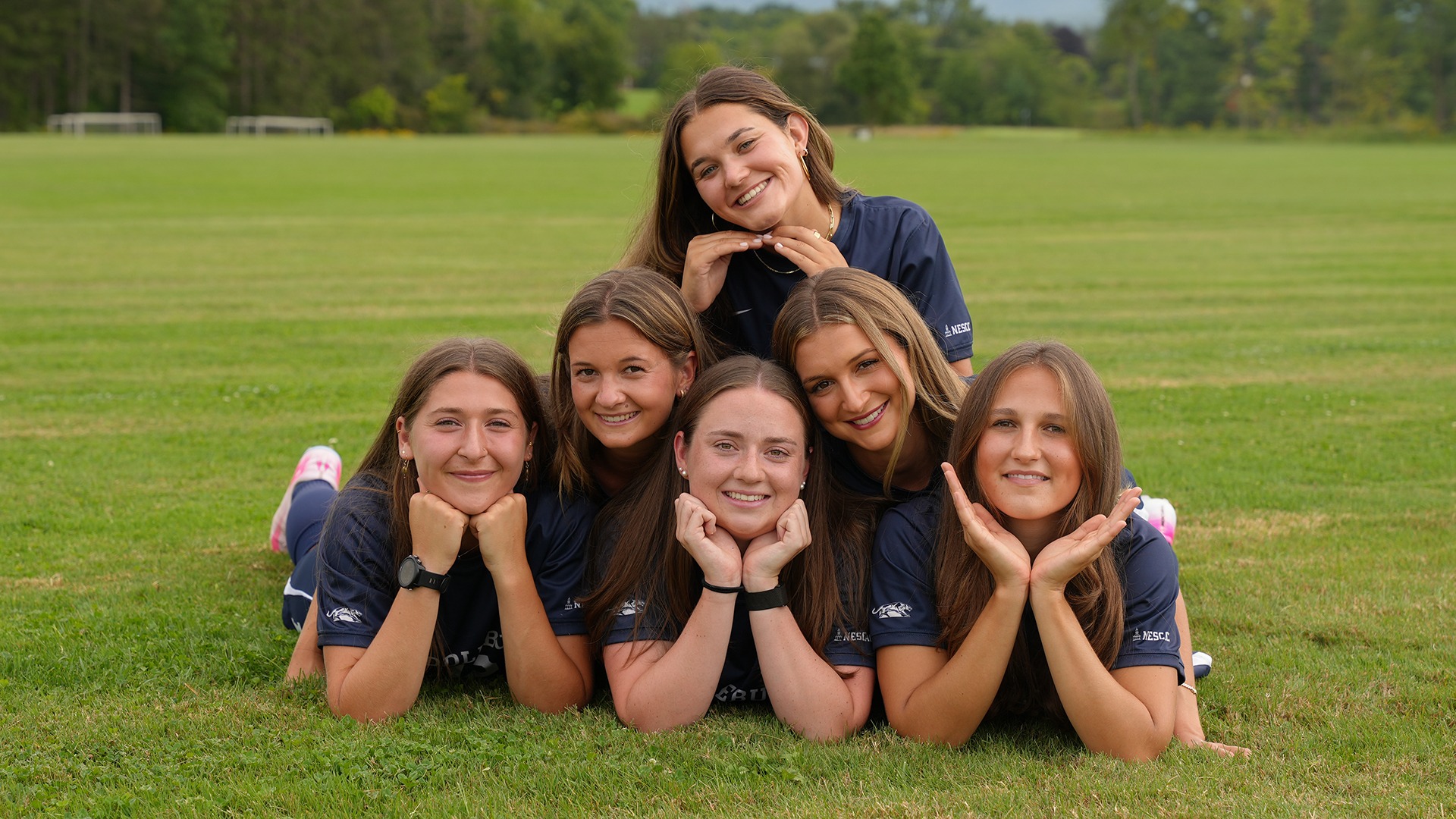 The Class of 2027 Middlebury women's soccer team pose for a photo during their media day.