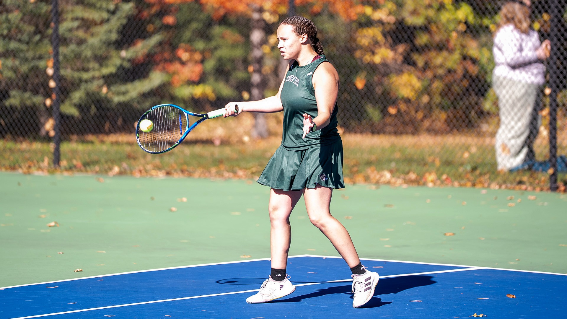 Anyah Fields hits a forehand against WestConn