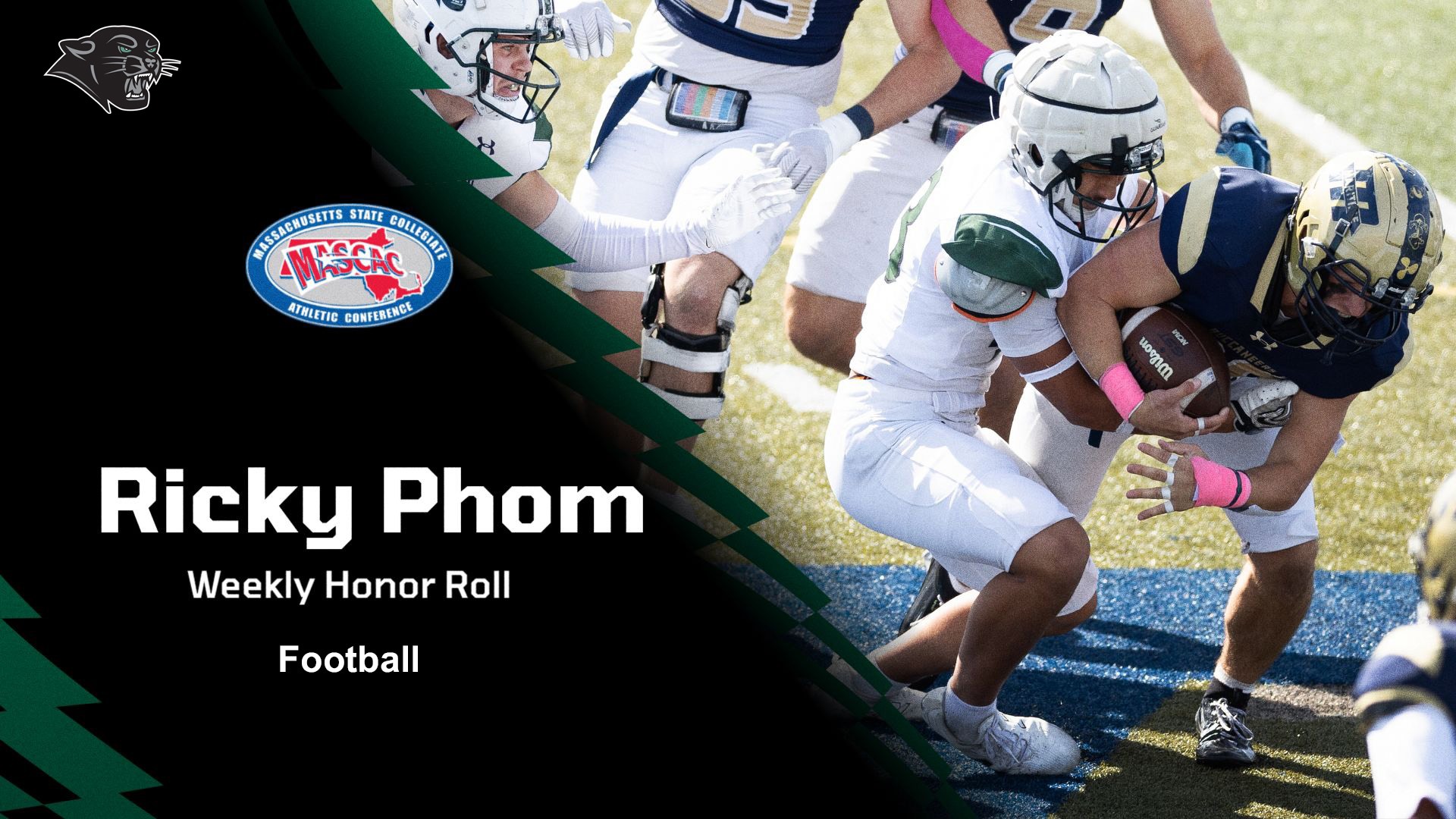 Graphic announcing Ricky Phom earned a spot on the MASCAC Football Weekly Honor Roll