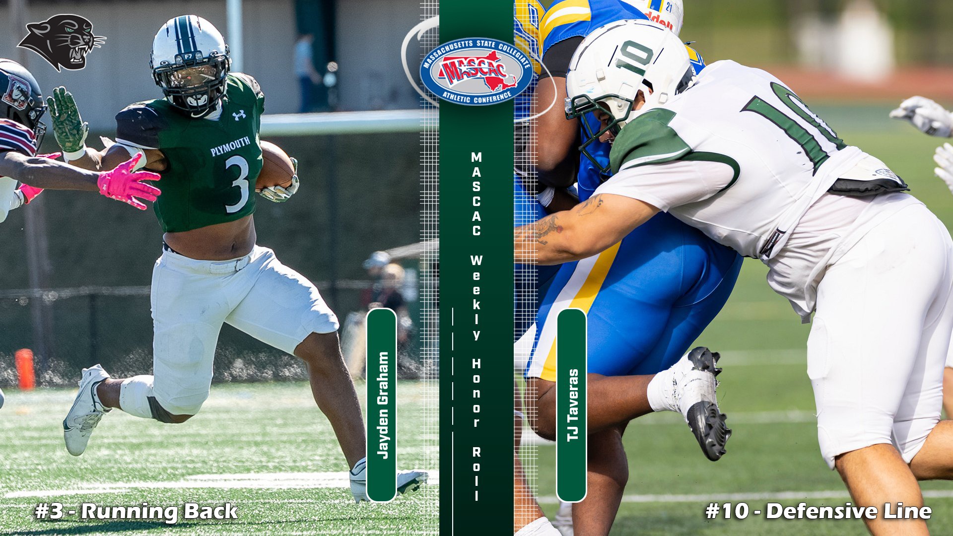 Graphic noting Jayden Graham and TJ Taveras as MASCAC Football Weekly Honor Roll selections