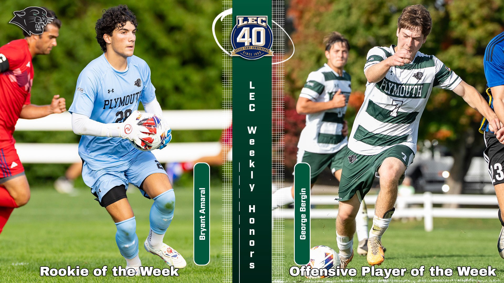 Graphic noting George Bergin and Bryant Amaral as LEC Men's Soccer Offensive Player and Rookie of the Week